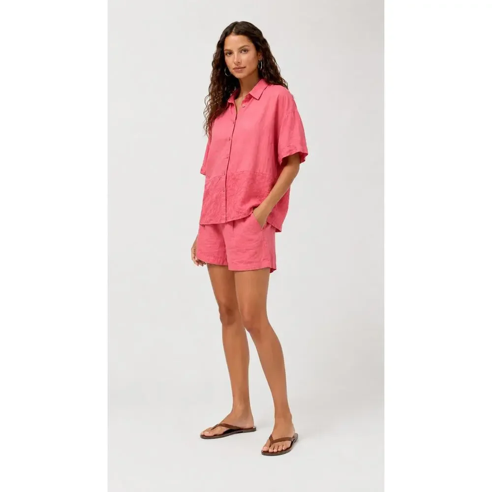 Vintage Johnny Was Coral Pink 100% Linen Embroidered Two Piece Short Set Size L
